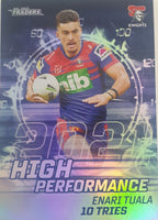 2022 TLA NRL Trading Cards insert series High Performance of Newcastle Knights player Enari Tuala. Card 22/48.