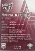 2022 TLA NRL Traders Trading card insert series Rising Stars of Manly Warringah Sea-Eagles player Josh Schuster card 17/48.