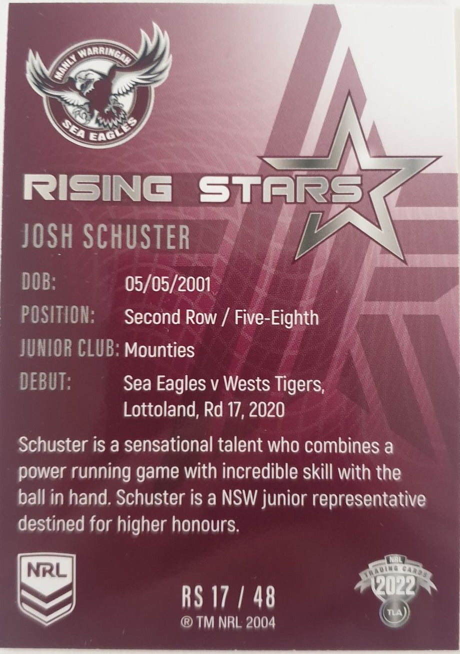 2022 TLA NRL Traders Trading card insert series Rising Stars of Manly Warringah Sea-Eagles player Josh Schuster card 17/48.