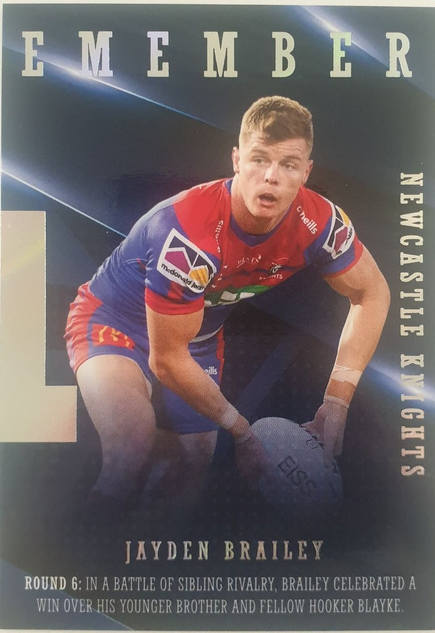 2022 TLA NRL Traders Trading card insert series 2021 Season to Remember of Newcastle Knights player Jayden Brailey card 24/48.