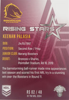 2022 TLA NRL Traders Trading card insert series Rising Stars of Brisbane Broncos player Keenan Palasia card 02/48.