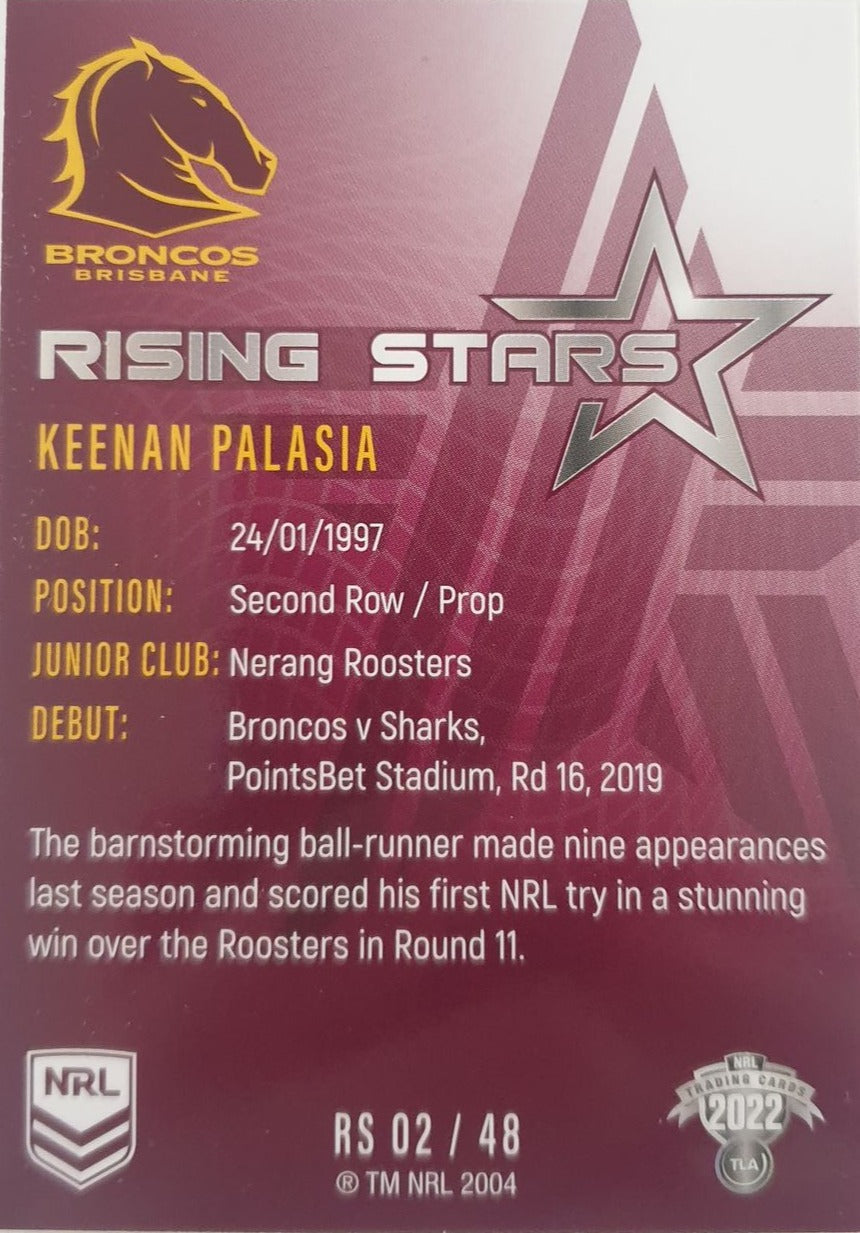 2022 TLA NRL Traders Trading card insert series Rising Stars of Brisbane Broncos player Keenan Palasia card 02/48.
