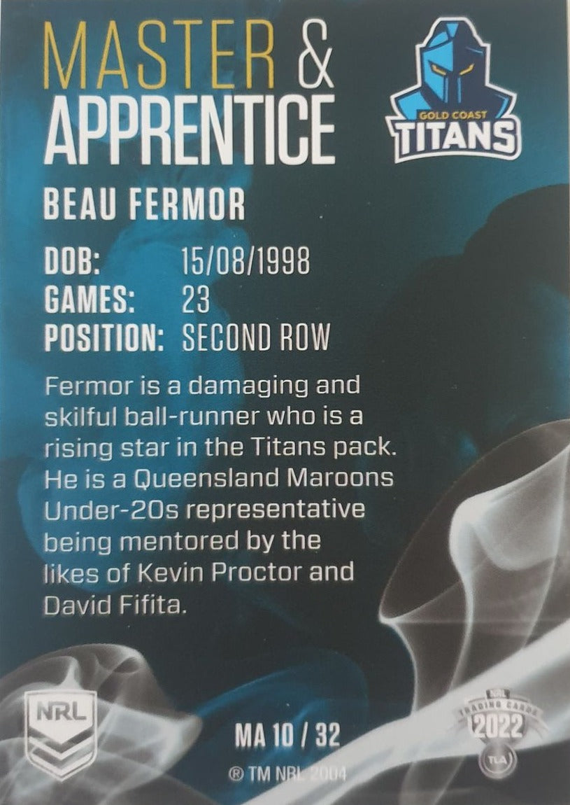2022 TLA NRL Traders insert series Master & Apprentice of Gold Coast Titans player Beau Fermor. Card 10/32.