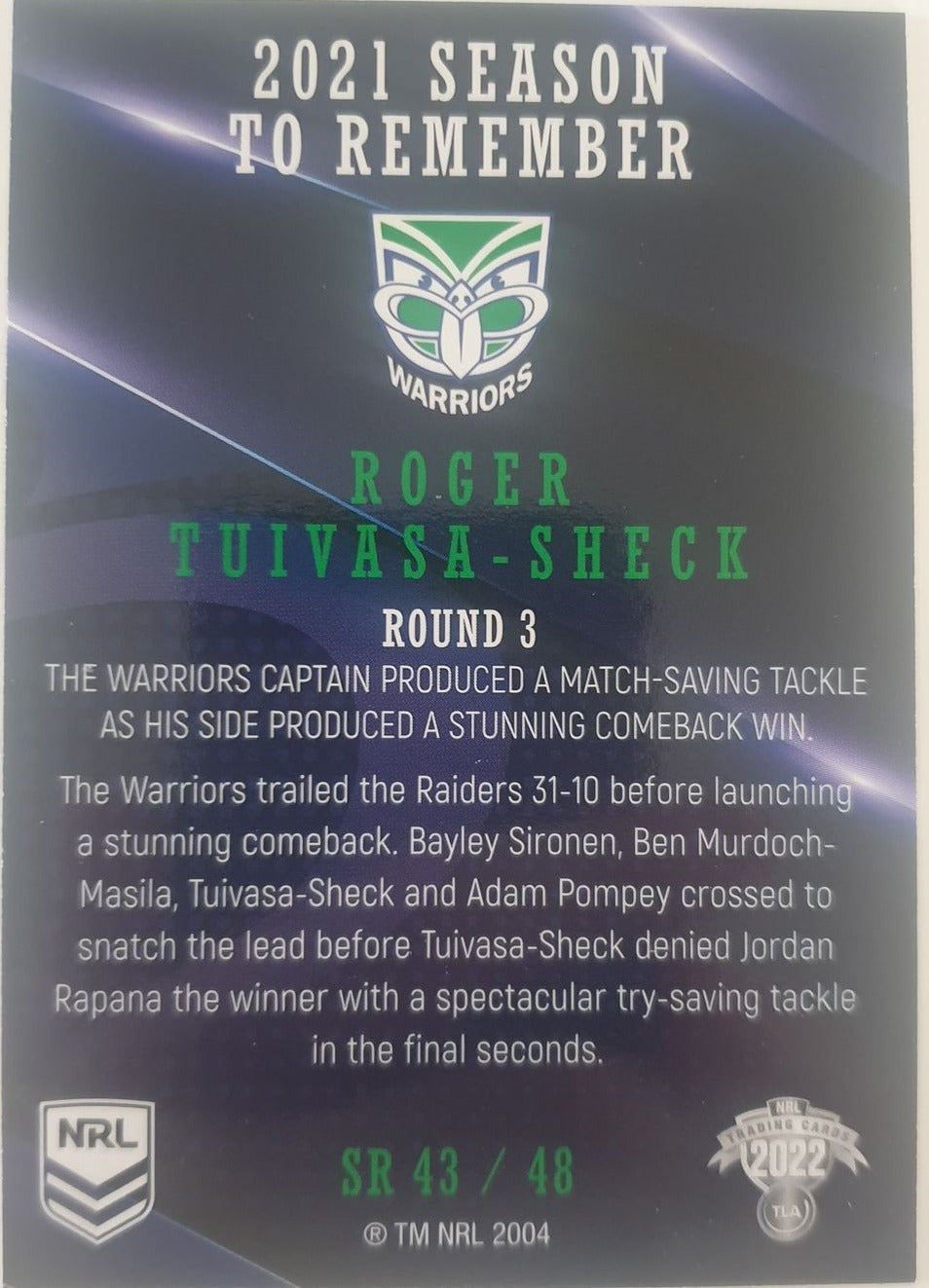 2022 TLA NRL Traders Trading card insert series 2021 Season to Remember of New Zealand Warriors player Roger Tuivasa-Sheck card 43/48.