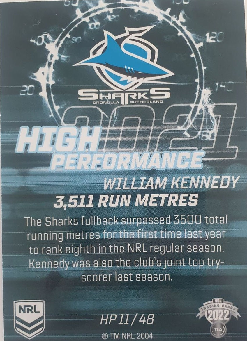 2022 TLA NRL Trading Cards insert series High Performance of Cronulla Sharks player William Kennedy. Card 11/48.
