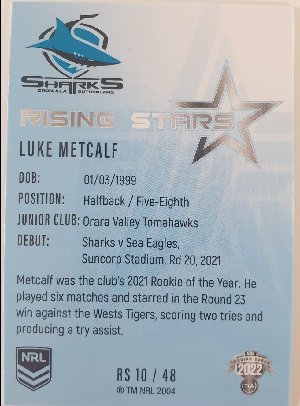 2022 TLA NRL Traders Trading card insert series Rising Stars of Cronulla Sharks player Luke Metcalf card 10/48.