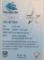 2022 TLA NRL Traders Trading card insert series Rising Stars of Cronulla Sharks player Luke Metcalf card 10/48.