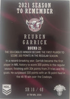 2022 TLA NRL Traders Trading card insert series 2021 Season to Remember of Manly Warringah Sea-Eagles player Reuben Garrick card 18/48.