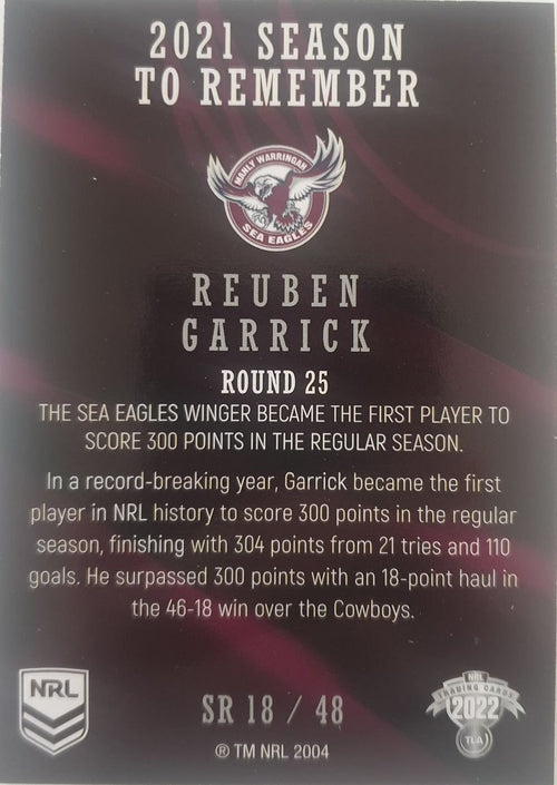 2022 TLA NRL Traders Trading card insert series 2021 Season to Remember of Manly Warringah Sea-Eagles player Reuben Garrick card 18/48.