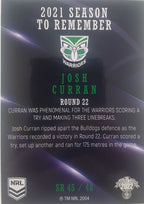 2022 TLA NRL Traders Trading card insert series 2021 Season to Remember of New Zealand Warriors player Josh Curran card 45/48.