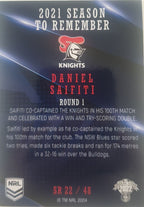 2022 TLA NRL Traders Trading card insert series 2021 Season to Remember of Newcastle Knights player Daniel Saifiti card 22/48.