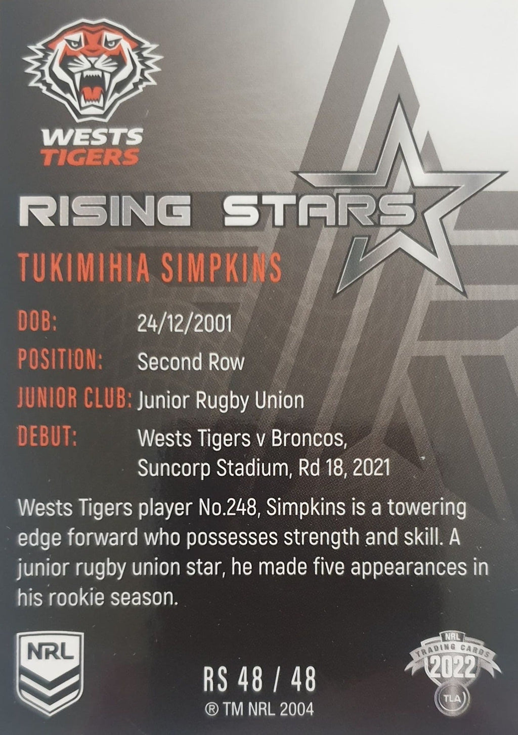 2022 TLA NRL Traders Trading card insert series Rising Stars of Wests Tigers player Tukimihia Simpkins card 48/48