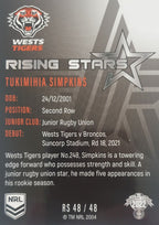 2022 TLA NRL Traders Trading card insert series Rising Stars of Wests Tigers player Tukimihia Simpkins card 48/48