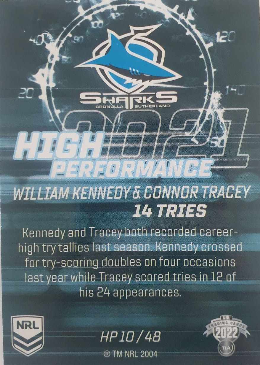 2022 TLA NRL Trading Cards insert series High Performance of Cronulla Sharks player William Kennedy & Connor Tracey. Card 10/48.