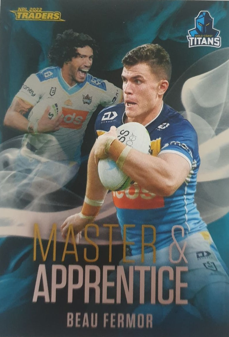 2022 TLA NRL Traders insert series Master & Apprentice of Gold Coast Titans player Beau Fermor. Card 10/32.