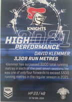 2022 TLA NRL Trading Cards insert series High Performance of Newcastle Knights player David Klemmer. Card 23/48.