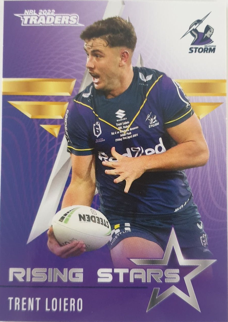 2022 TLA NRL Traders Trading card insert series Rising Stars of Melbourne Storm player Trent Loiero card 20/48.