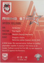 2022 TLA NRL Traders Trading card insert series Rising Stars of St George Illawarra Dragons player Jayden Sullivan card 39/48.