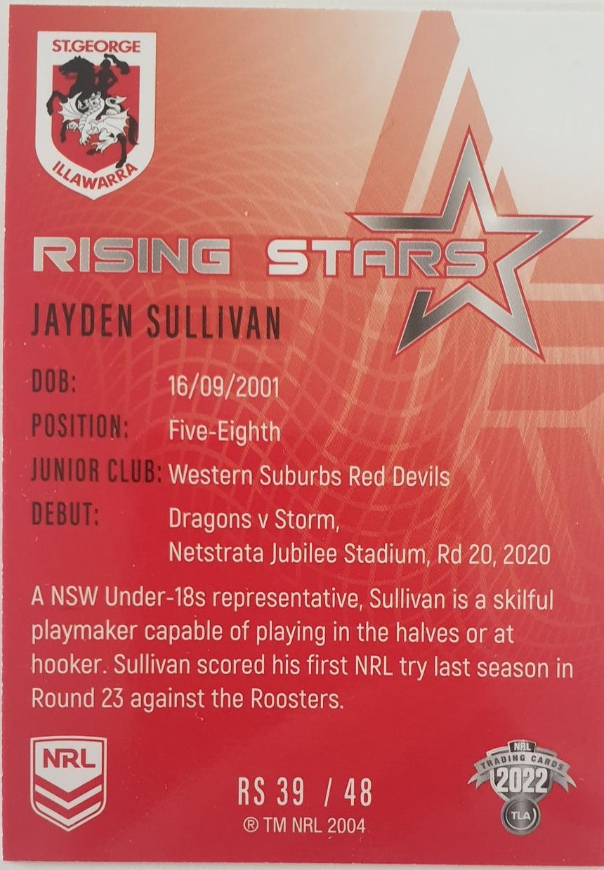 2022 TLA NRL Traders Trading card insert series Rising Stars of St George Illawarra Dragons player Jayden Sullivan card 39/48.