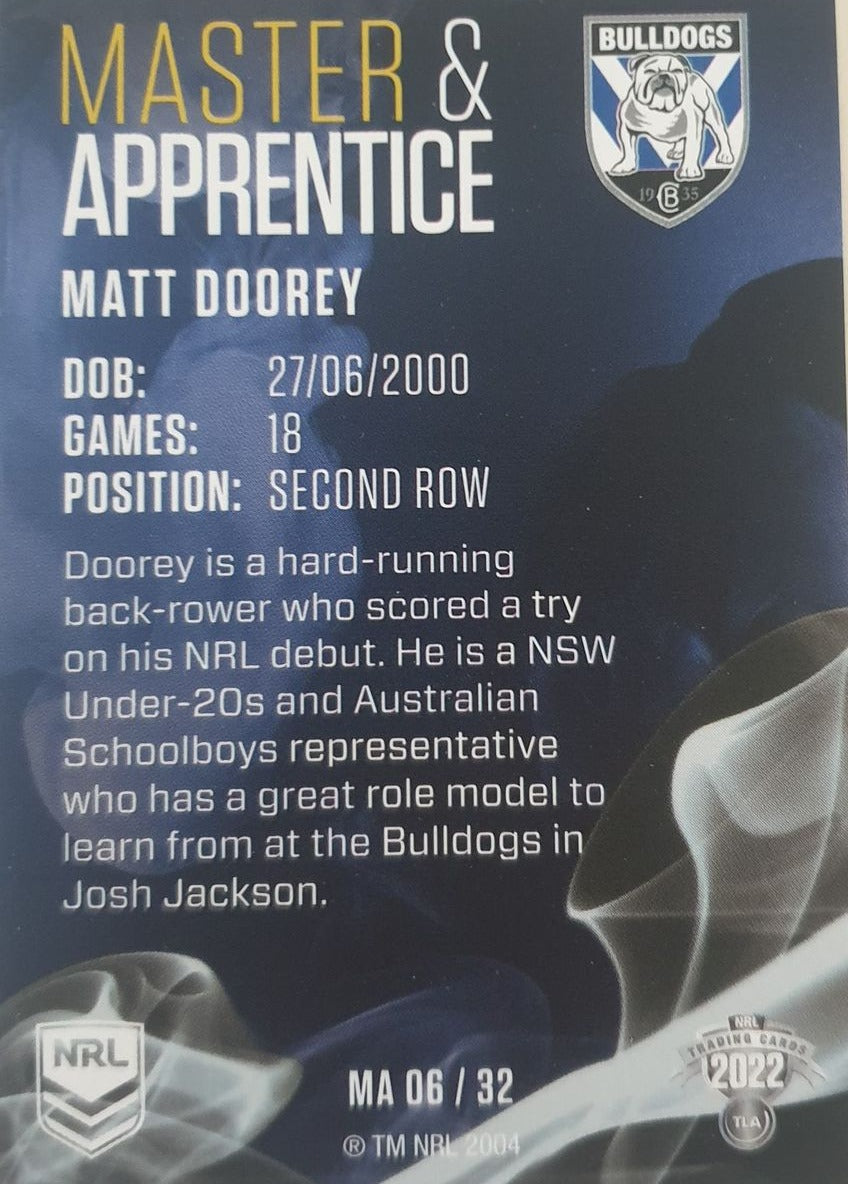 2022 TLA NRL Traders insert series Master & Apprentice of Canterbury Bankstown Bulldogs player Matt Doorey. Card 06/32.