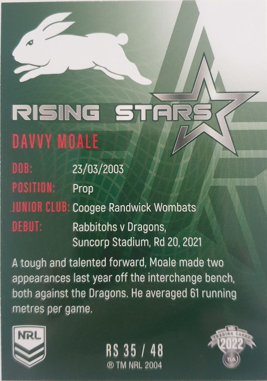 2022 TLA NRL Traders Trading card insert series Rising Stars of South Sydney Rabbitohs player Davvy Moale card 35/48.