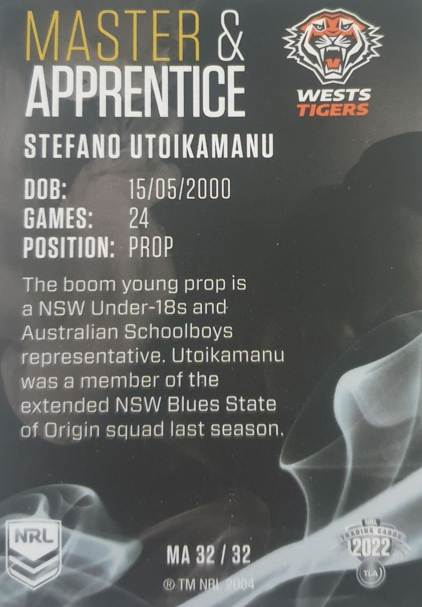 2022 TLA NRL Traders insert series Master & Apprentice of Wests Tigers player Stefano Utoikamanu. Card 32/32.