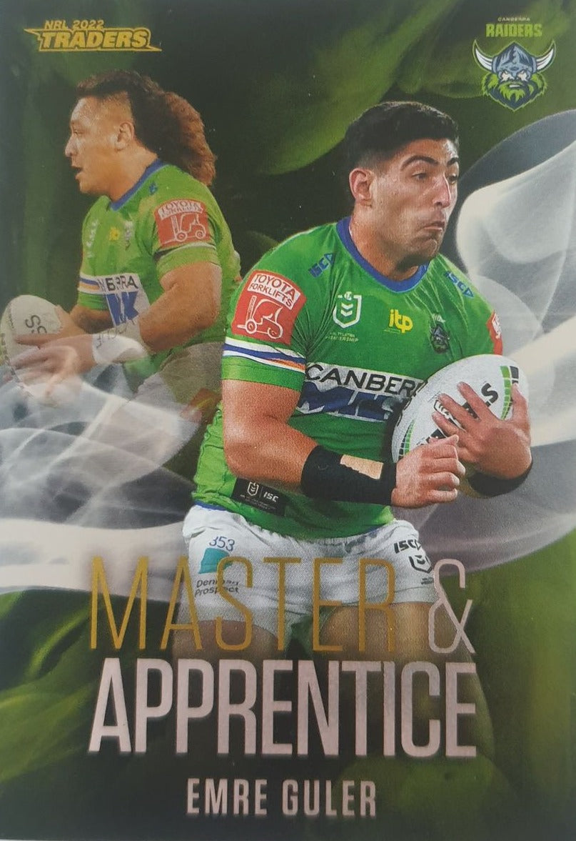 2022 TLA NRL Traders insert series Master & Apprentice of Canberra Raiders player Emre Guler. Card 04/32.