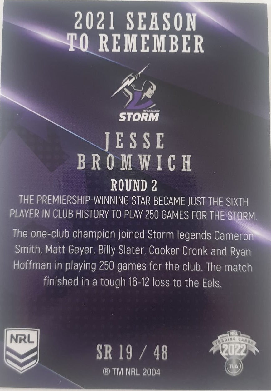 2022 TLA NRL Traders Trading card insert series 2021 Season to Remember of Melbourne Storm player Jesse Bromwich card 19/48.