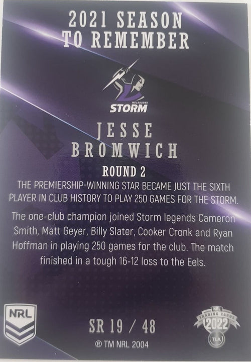 2022 TLA NRL Traders Trading card insert series 2021 Season to Remember of Melbourne Storm player Jesse Bromwich card 19/48.
