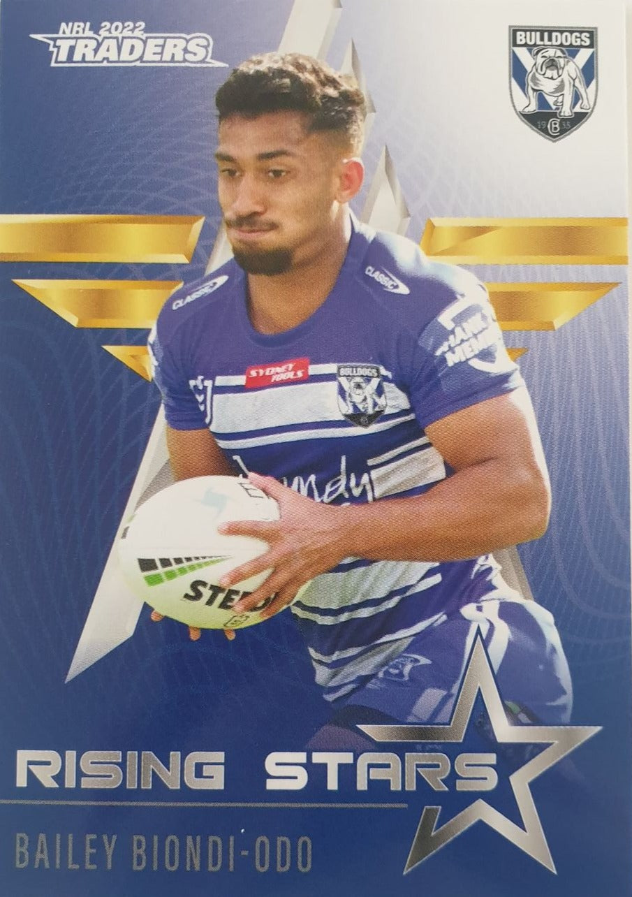 2022 TLA NRL Traders Trading card insert series Rising Stars of Canterbury Bankstown Bulldogs player Bailey Biondi-Odo card 07/48.
