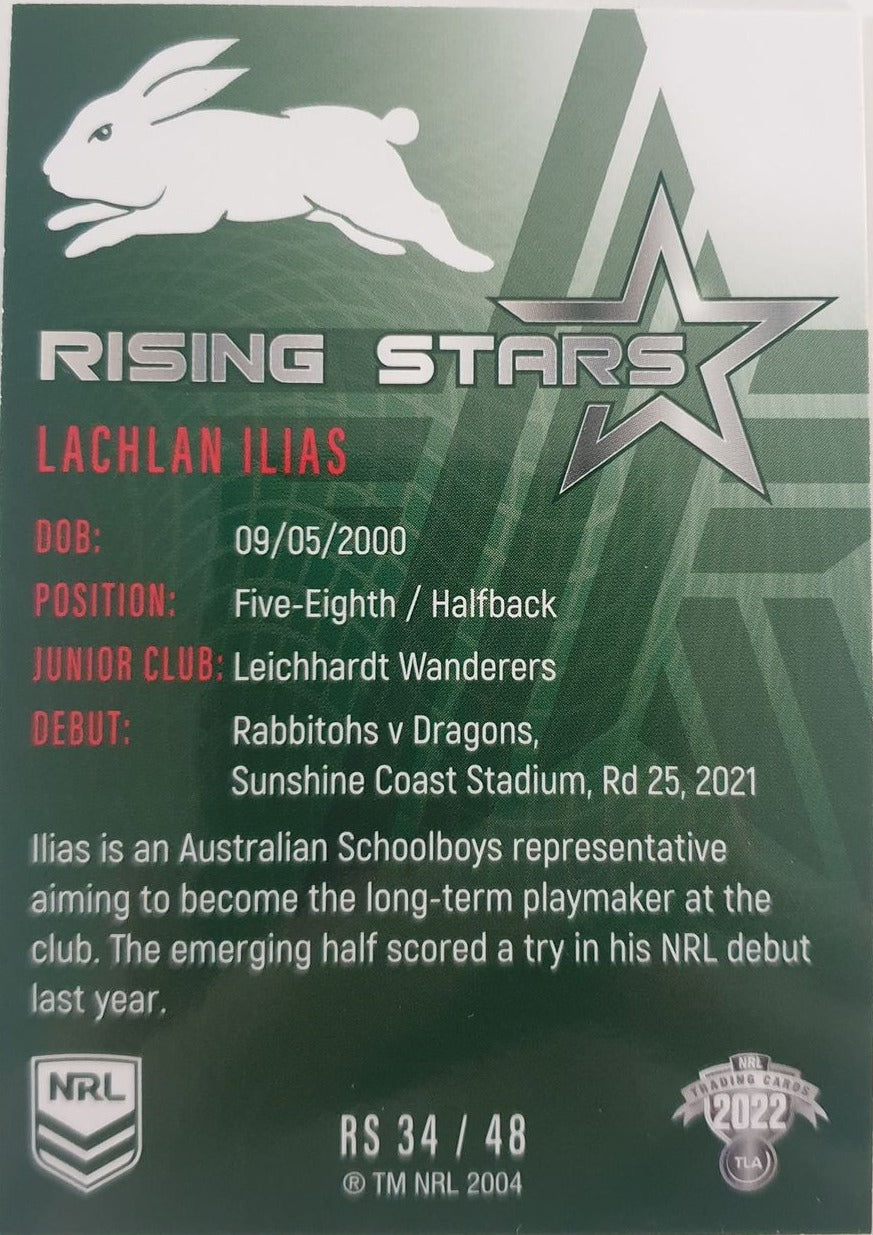 2022 TLA NRL Traders Trading card insert series Rising Stars of South Sydney Rabbitohs player Lachlan Ilias card 34/48.