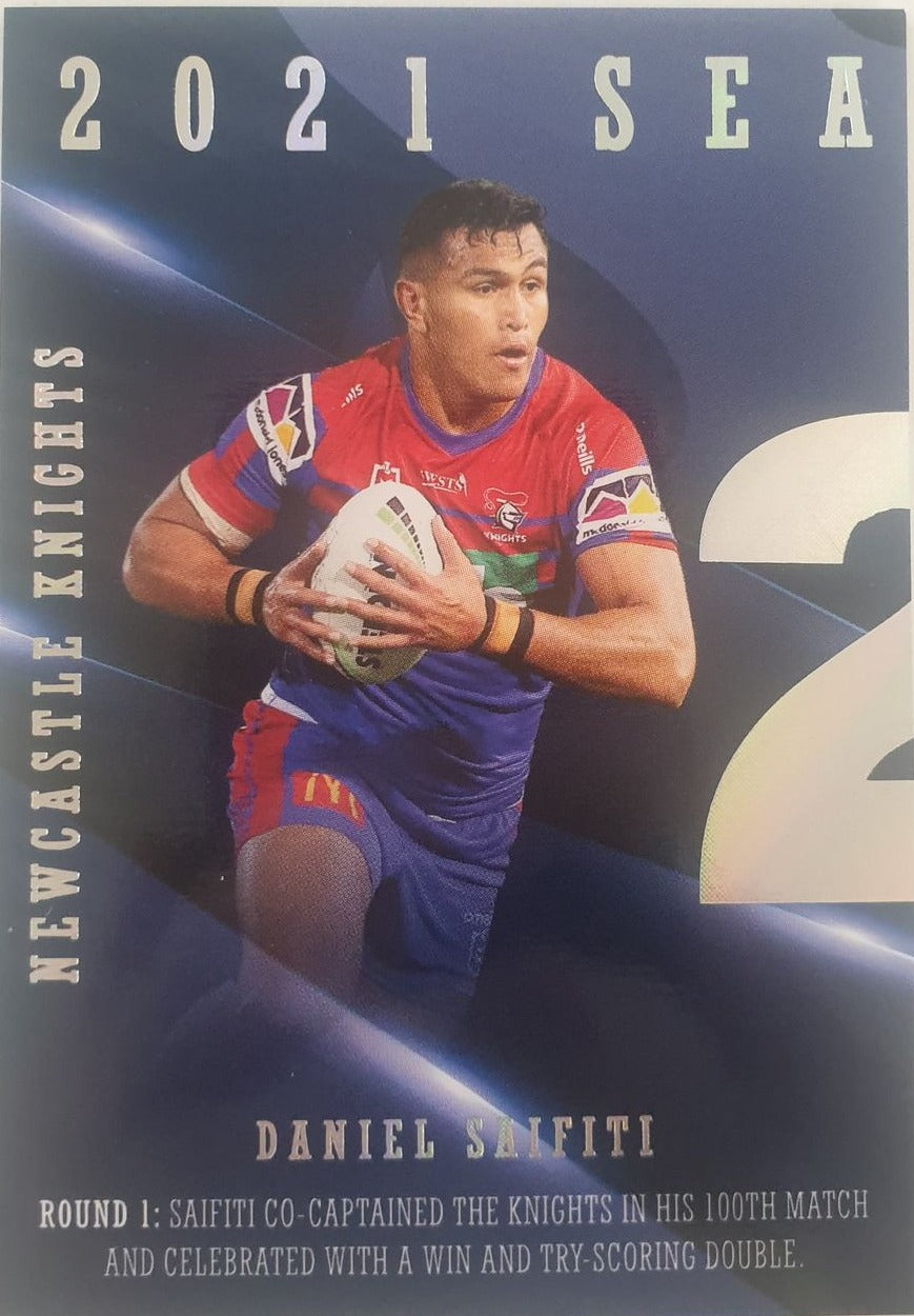 2022 TLA NRL Traders Trading card insert series 2021 Season to Remember of Newcastle Knights player Daniel Saifiti card 22/48.
