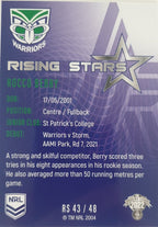 2022 TLA NRL Traders Trading card insert series Rising Stars of New Zealand Warriors player Rocco Berry card 43/48.