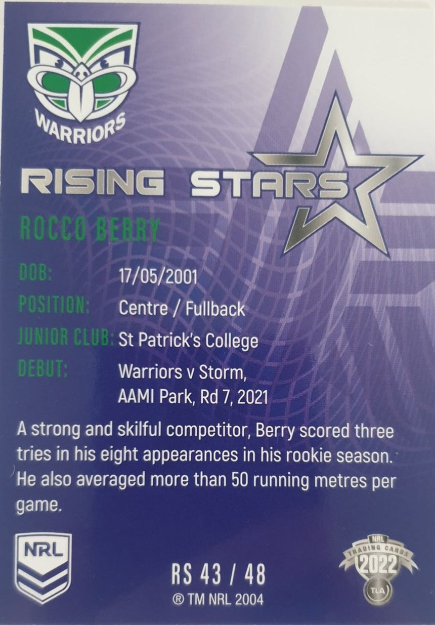 2022 TLA NRL Traders Trading card insert series Rising Stars of New Zealand Warriors player Rocco Berry card 43/48.