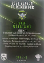 2022 TLA NRL Traders Trading card insert series 2021 Season to Remember of Canberra Raiders player Sam Williams card 04/48.