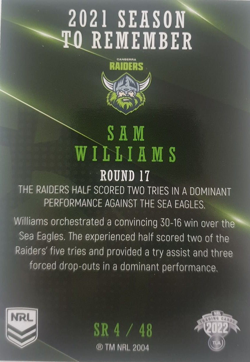 2022 TLA NRL Traders Trading card insert series 2021 Season to Remember of Canberra Raiders player Sam Williams card 04/48.