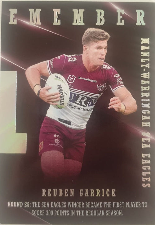 2022 TLA NRL Traders Trading card insert series 2021 Season to Remember of Manly Warringah Sea-Eagles player Reuben Garrick card 18/48.