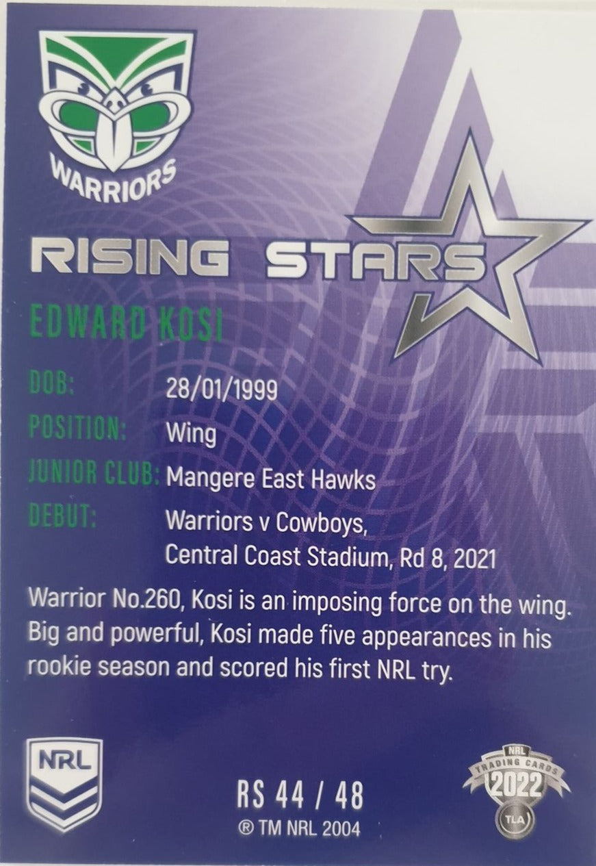 2022 TLA NRL Traders Trading card insert series Rising Stars of New Zealand Warriors player Edward Kosi card 44/48.