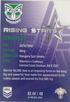 2022 TLA NRL Traders Trading card insert series Rising Stars of New Zealand Warriors player Edward Kosi card 44/48.