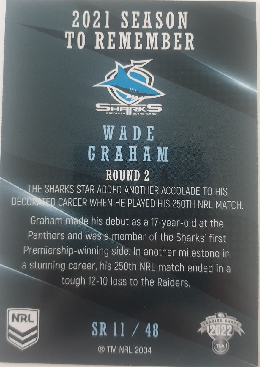 2022 TLA NRL Traders Trading card insert series 2021 Season to Remember of Cronulla Sharks player Wade Graham card 11/48.