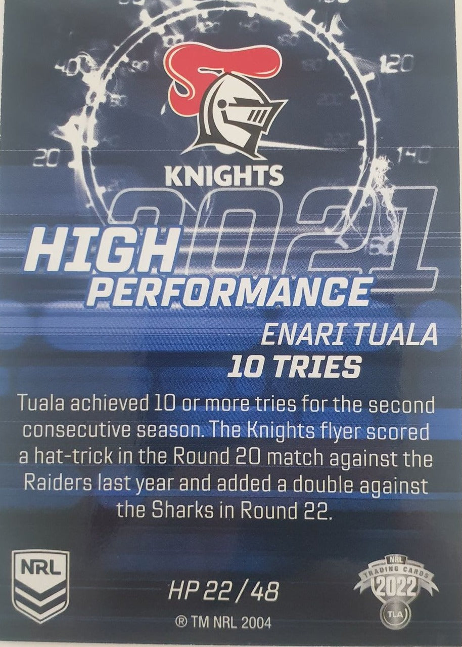 2022 TLA NRL Trading Cards insert series High Performance of Newcastle Knights player Enari Tuala. Card 22/48.