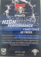 2022 TLA NRL Trading Cards insert series High Performance of Newcastle Knights player Enari Tuala. Card 22/48.