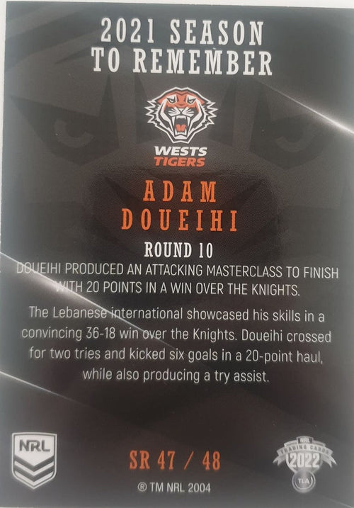 2022 TLA NRL Traders Trading card insert series 2021 Season to Remember of Wests Tigers player Adam Doueihi card 47/48.