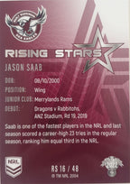 2022 TLA NRL Traders Trading card insert series Rising Stars of Manly Warringah Sea-Eagles player Jason Saab card 16/48.