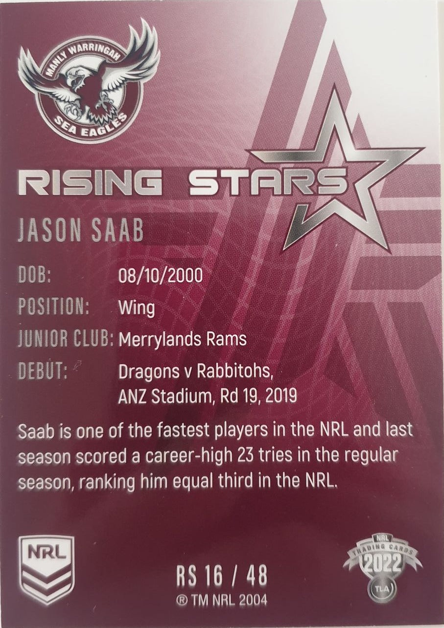 2022 TLA NRL Traders Trading card insert series Rising Stars of Manly Warringah Sea-Eagles player Jason Saab card 16/48.
