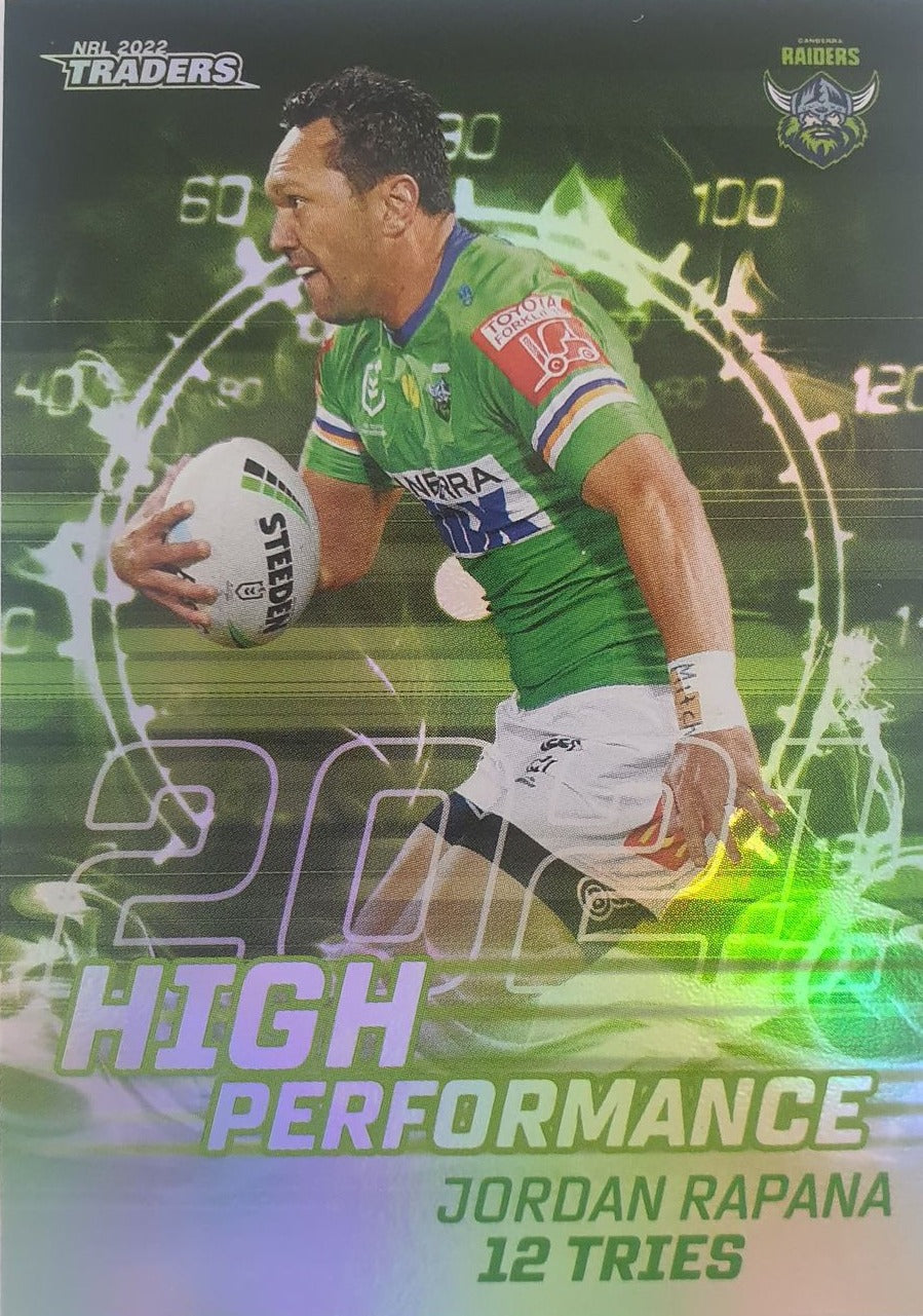 2022 TLA NRL Trading Cards insert series High Performance of Canberra Raiders player Jordan Rapana. Card 04/48.