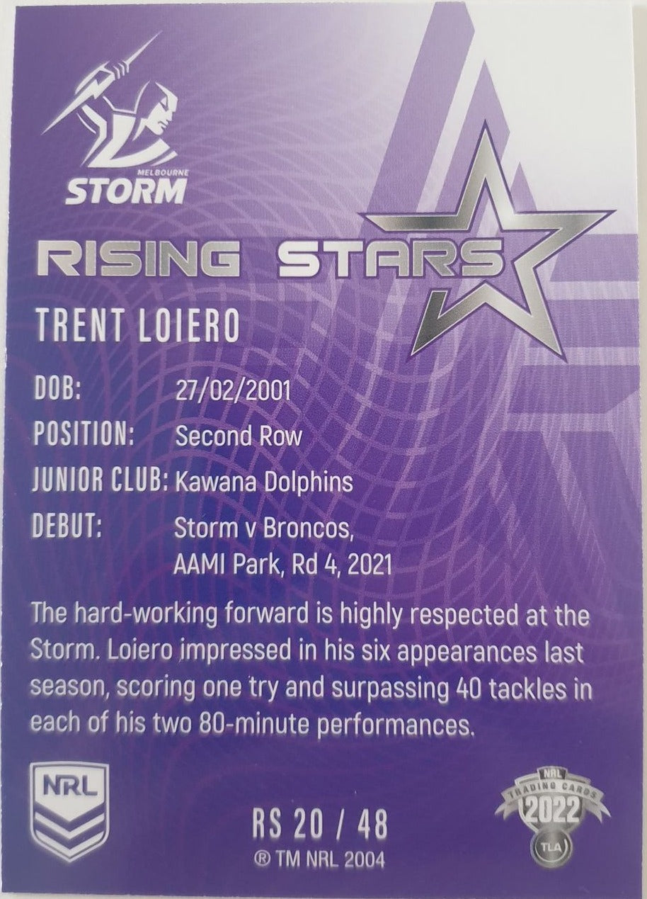 2022 TLA NRL Traders Trading card insert series Rising Stars of Melbourne Storm player Trent Loiero card 20/48.