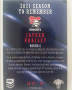 2022 TLA NRL Traders Trading card insert series 2021 Season to Remember of Newcastle Knights player Jayden Brailey card 24/48.
