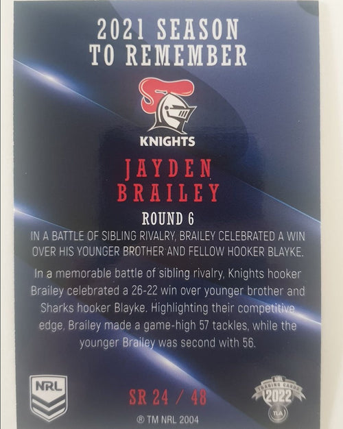 2022 TLA NRL Traders Trading card insert series 2021 Season to Remember of Newcastle Knights player Jayden Brailey card 24/48.