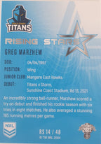 2022 TLA NRL Traders Trading card insert series Rising Stars of Gold Coast Titans player Greg Marzhew card 14/48.